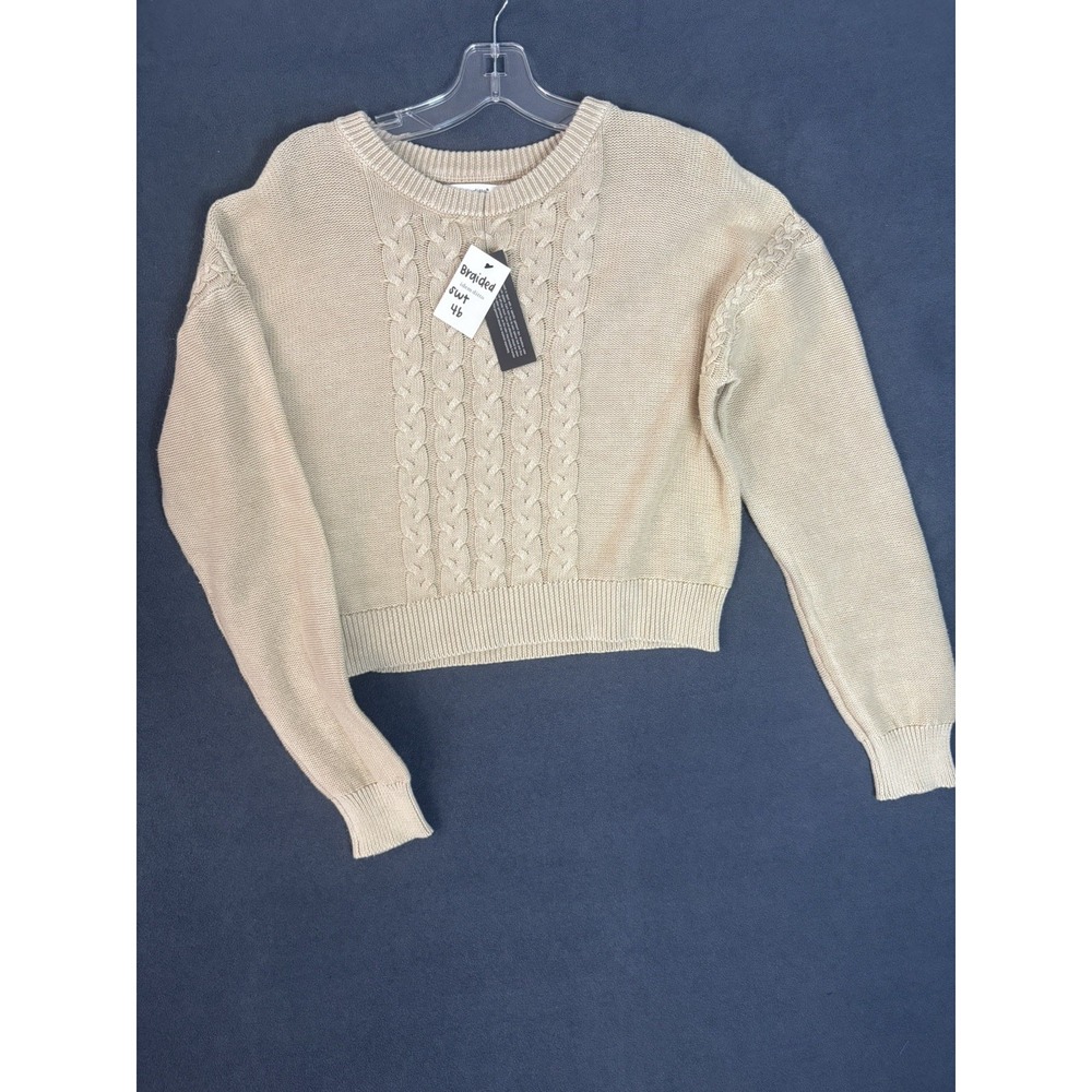 NWT Idem Ditto Braided Cable Knit Sweater Cream 100% Cotton Crewneck Medium Cozy